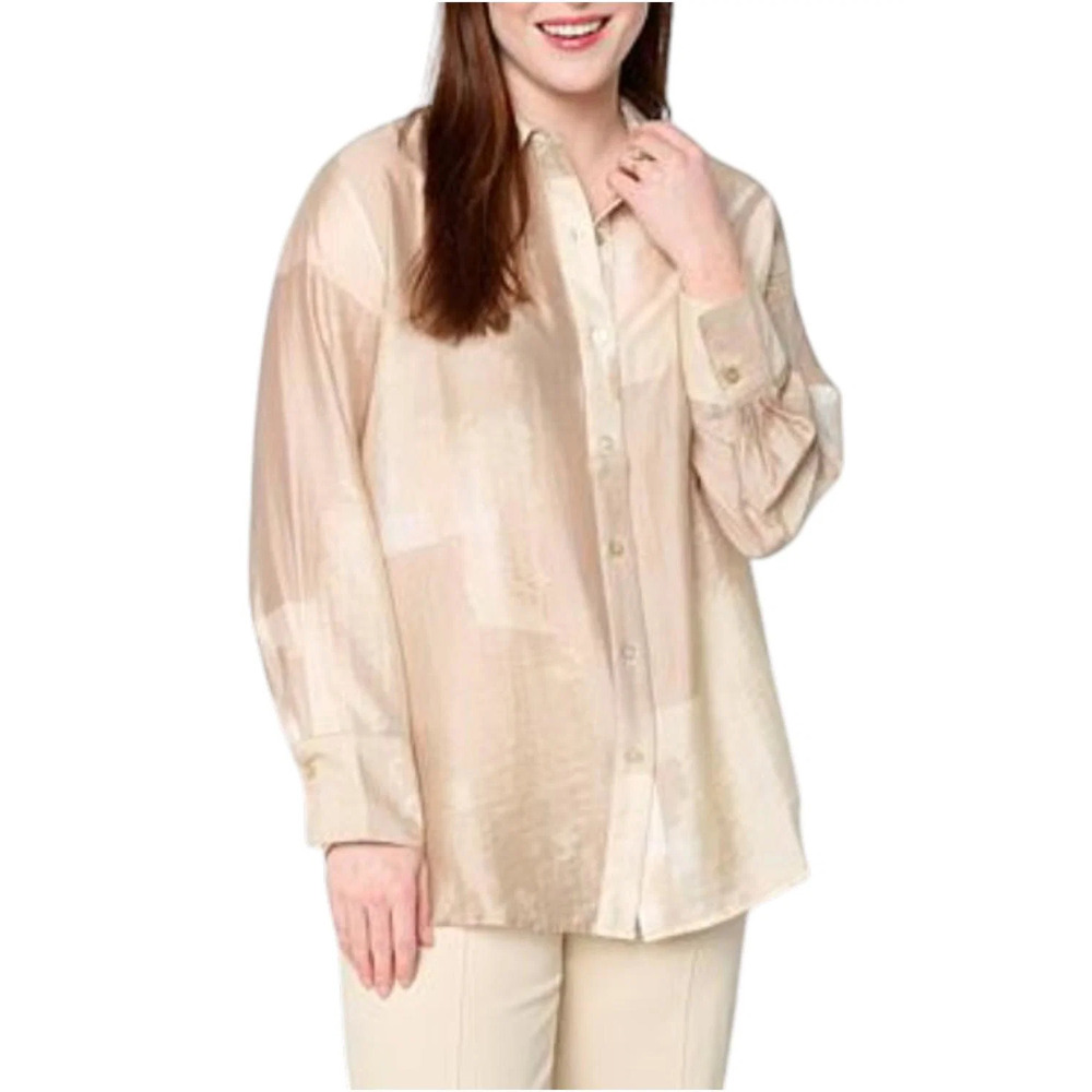 WynneCollection Women's Woven Long-Sleeve Collared Shirt Soft Sand - Regular